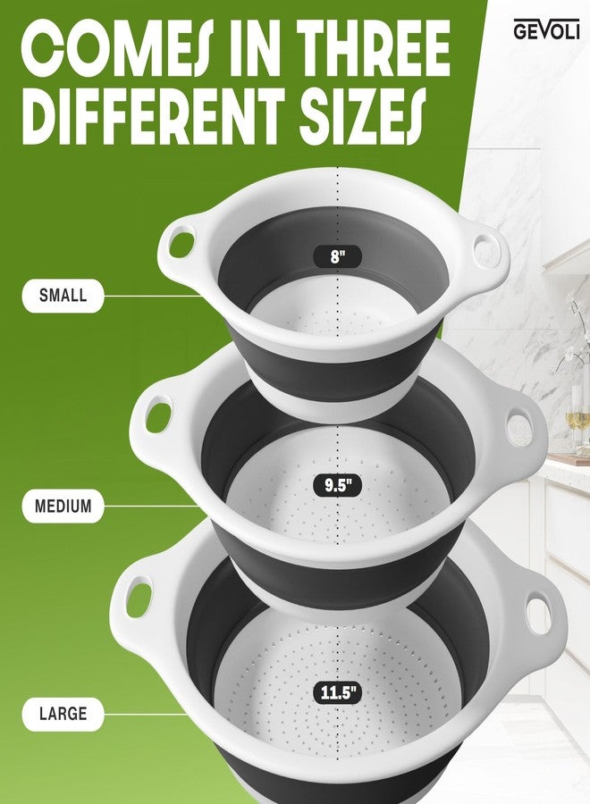 Gevoli Collapsible Colanders (3 Pack Set) Food Strainers with Over-Sink Water Draining Base for Pasta Fruits and Vegetables (Patent Pending) White (3 Sizes, 3QT, 4QT and 5 Quart) - Image 3